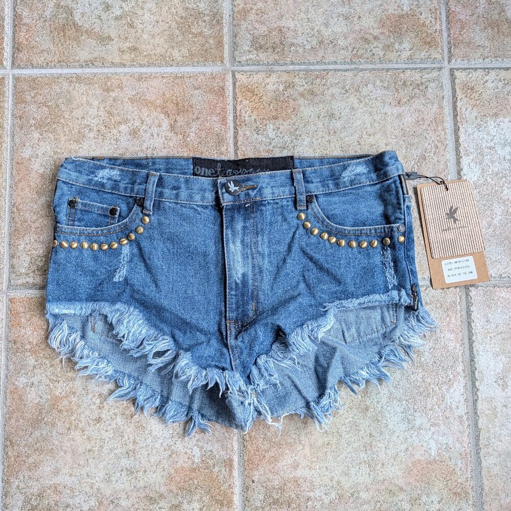 One Teaspoon Rhinestone Rollers Vintage Denim Shorts in 70's Blue - Size 29